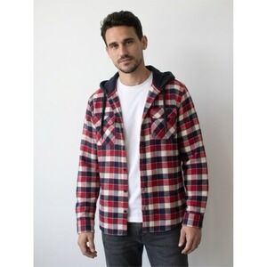 DC Shoes Mens‎ Hooded Flannel Shirt Red White Blue Plaid Cotton Hoodie Jacket